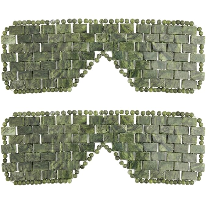 Hercicy 2 Pcs Jade Eye Mask Green Jade Stone Facial Cooling Mask for Alleviate Puffiness Face Massage Relax Eyes Relieve Migraine Meditation Beauty (Dark Green)