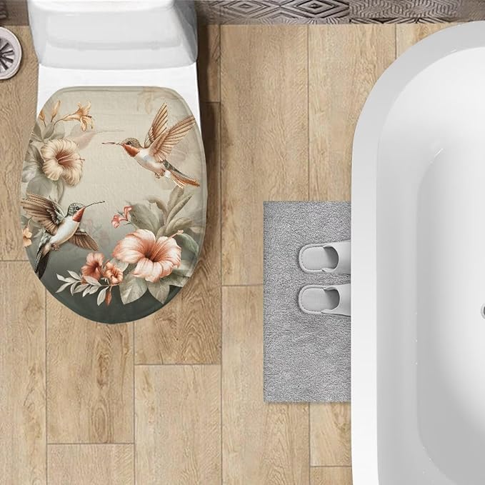 Hummingbird Toilet Lid Cover, Flannel Machine Washable Toilet Seat Cover, Comfortable, Soft and Dustproof Toilet Lid Cover