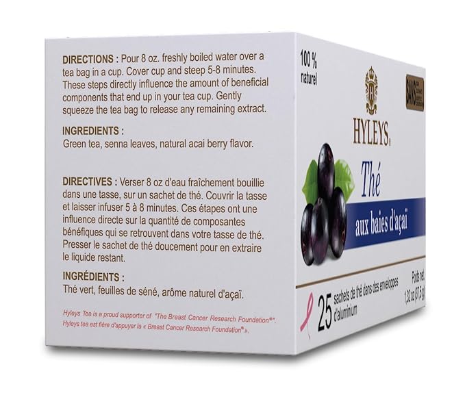 12 Pack Of Hyleys Natural Acai Berry With Green Tea - 25 Tea Bags - (100% Natural, Sugar Free, Gluten Free And Non-GMO)