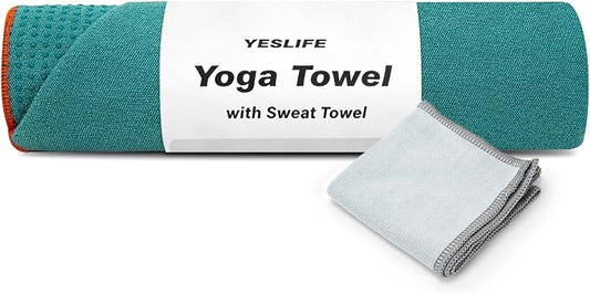 YESLIFE Non-Slip Extra Thick Hot Yoga Towel with One Sweat Towel, Microfiber Sweat Absorbent Yoga Mat Towel with Grip Dot, Pilates Mat, 72" x 24", Cyan