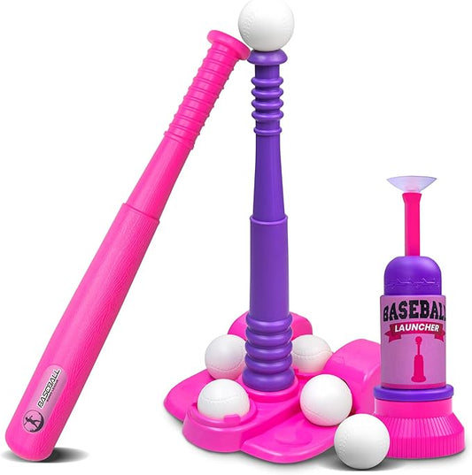 TOMLEON T Ball Stand for Kids and Toddlers 1-3, 3-5, 5-8. Baseball Set Includes 6 Large Balls, an Adjustable Tball Batting Tee, and a Pitching Machine. Kids Bat and T-Ball Set