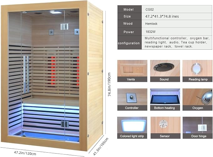 Wooden Infrared Sauna Room, Canadian Hemlock Low EMF, 2-3 Person 1832W Personal Home Spa Carbon Heater Sauna Full Spectrum Sauna Room