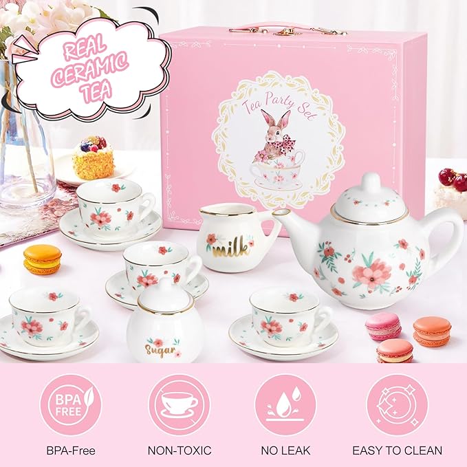 Porcelain Tea Set for Girls, Tea Party Set for Little Girls, Kids Tea Set Kitchen Pretend Play, Princess Tea Time Playset with Ceramic Teapot Cups Carry Case, Toddler Girl Toys Birthday Gifts Age 3+