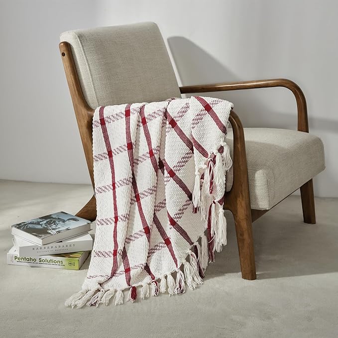 CREVENT 50"X60" Farmhouse Breathable Soft and Warm Chenille Plaid Throw Blanket for Sofa Couch Bed, Home Decoration Throw with Tassles (Red & White)
