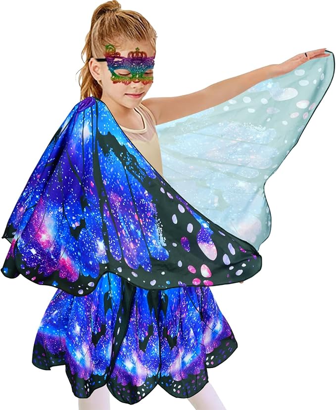 Kids Butterfly Wings Costume for Girls Fairy-Wings Toddler Dress Up Play Costumes Butterfly Skirt Set Mask Party Favors Gifts（starsky blue）