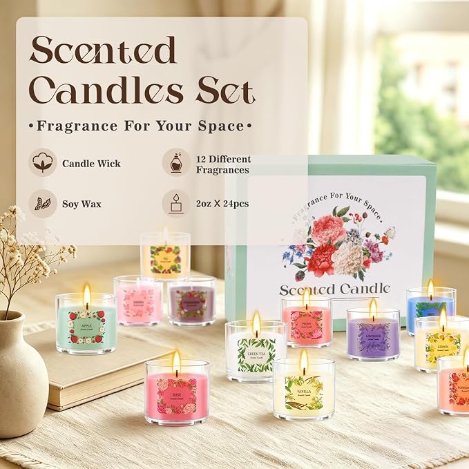 Scented Candles Gift Set, 24 Pack 2oz Soy Wax Aromatherapy Candles with 12 Fragrances, Long Lasting Smokeless Candles in Clear Acrylic Cups with Cotton Wick, Birthday Gifts for Women, Home Decor