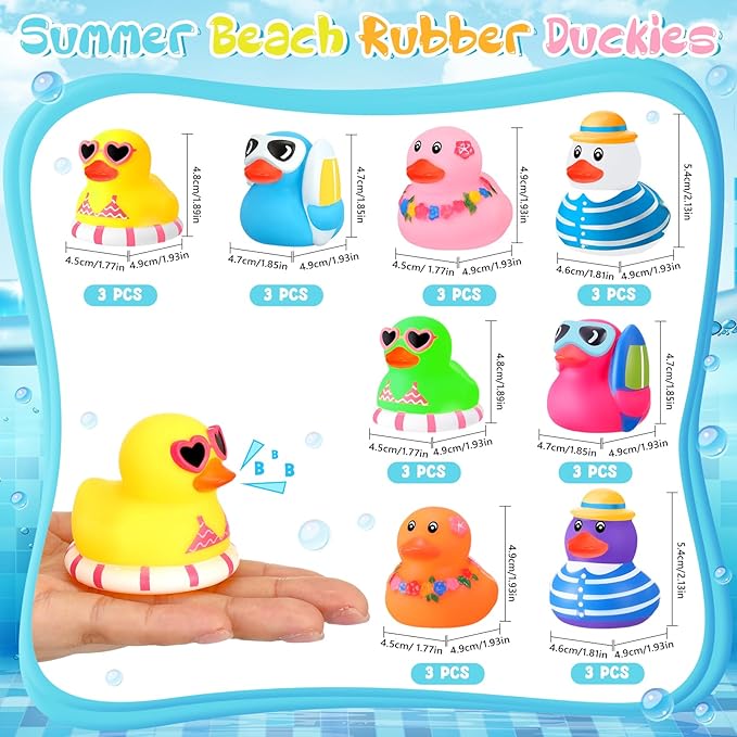 Honoson Summer Beach Rubber Duckies Bulk Mini Rubber Duck Bath Toys Float Bathtub Ducky Cute Squeaky Ducky for Classroom Carnival Summer Birthday Baby Shower Party Favor(8 Colors,24 Pcs)