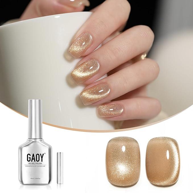 GAOY Jelly Gold Cat Eye Gel Nail Polish, 16ml Glitter Holographic Nail Polish with Magnet, Reflective Translucent UV Gel, 2954 Sunlit Forest