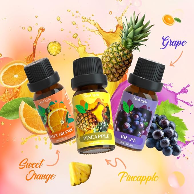 Soulorigin Fruit Essential Oils Set, Fragrance Oil Set for Diffuser, Scent Diffuser Oil for Candle Making- Pineapple, Sweet Orange, Grape, Green Apple, Blueberry, Watermelon