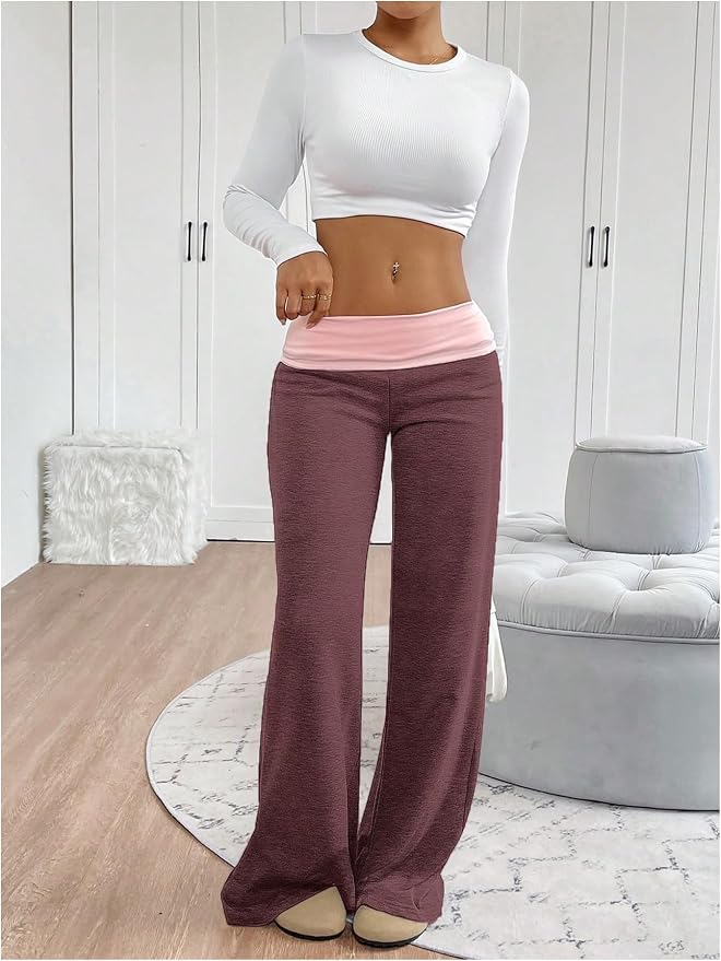 SOLY HUX Women's Sweatpants Color Block Low Rise Fold Over Waist Baggy Wide Leg Pants