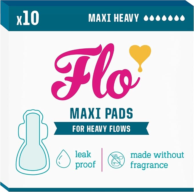 Flo Bamboo Maxi Pads - Ultra Absorbent, Long + Wide, Maximum Protection (10 Pads)