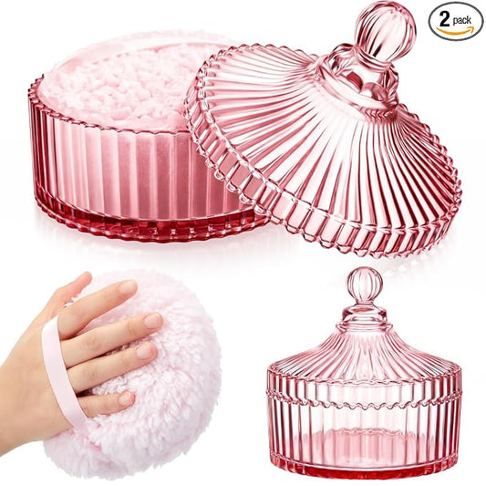 Tioncy 2 Pcs Extra Large Dusting Powder Puff and Container for Women-6'' Glass Crystal Dusting Powder Container with Body Soft Washable Reusable Velour Face(Pink,Classic)