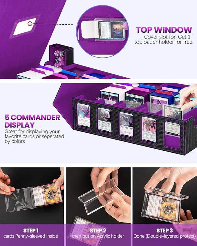 Trading Card Storage Box, 5 Row Card Deck Case with Commander Display & Portable Handle, 4200+ Card Deck Boxes Compatible for MTG TCG Magic Cards, 30 Divider, 8 Supporters, 1 Dice Tray(Black & Purple)