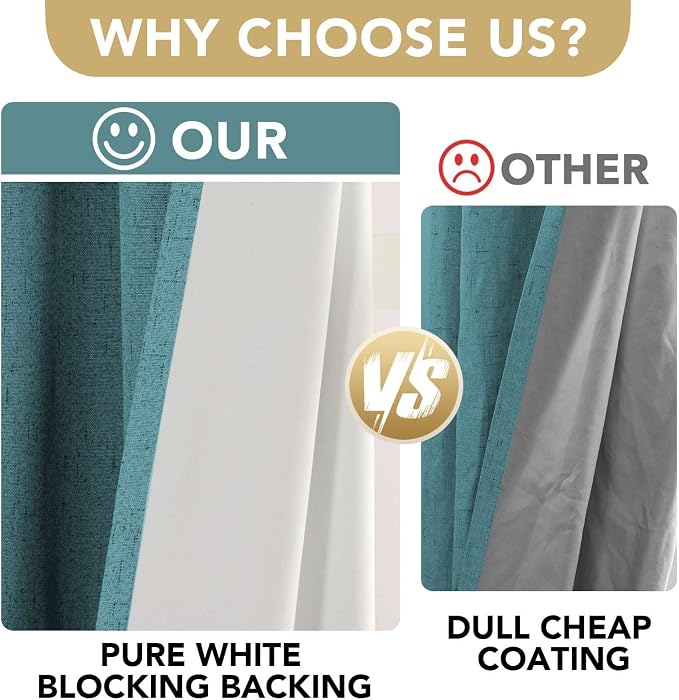 H.VERSAILTEX Linen Curtains 100% Blackout Curtains for Bedroom 90 inch Long Full Light Blocking Nature Linen Blended Window Curtains for Living Room Nickel Grommet (2 Panels, Teal)