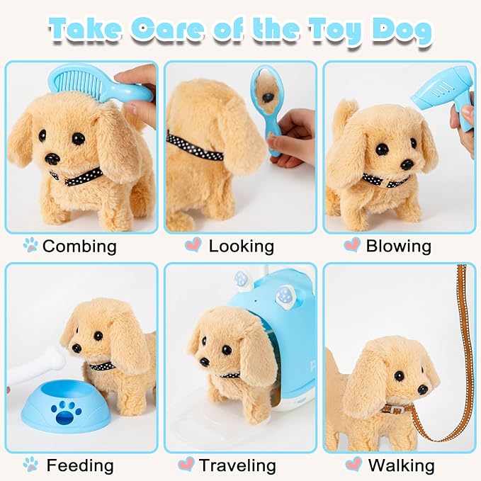 Dog Toys for Kids Girls, Walking and Barking Electronic Interactive Plush Puppy Toy Set and Pet Care Toy Set Accessories, Pretend Playset for Toddlers, Girl Role Play Gift for 3 4 5 6 Year Old