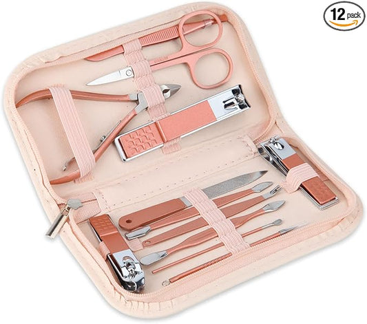 Nail Clippers & Beauty Tool Portable Set, Rose Gold Manicure Set, 12 in 1. | Martensitic Stainless Steel, Pink Leather Bag, Suitable for Home, Workplace, Outdoor Travel, Gift Giving, Salon.