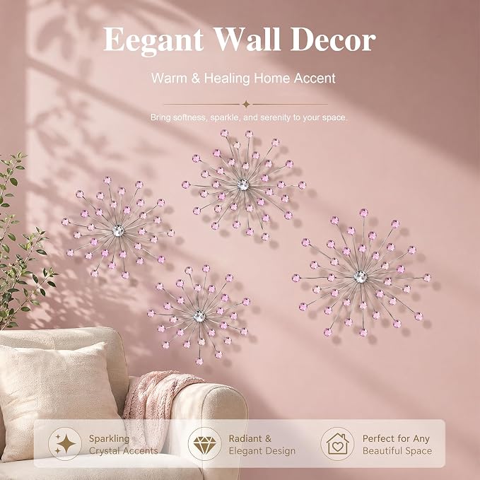 ZEXUIRU 4 Set Silver Starburst Wall Art for Home Decor Metal Bling Crystal Rhinestones Sunburst Wall Decor Sparkling Rhinestone Art Accent Silver - 13 in