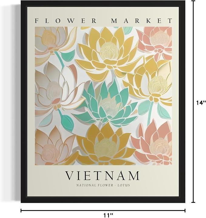 Vietnam Flower Market Art Print Poster, Wall Art Floral Painting Botanical Decor for Bedroom, Kitchen, Bathroom Livingroom Decoration 82B (Vietnam, 14"L x 11"W, Black Frame)