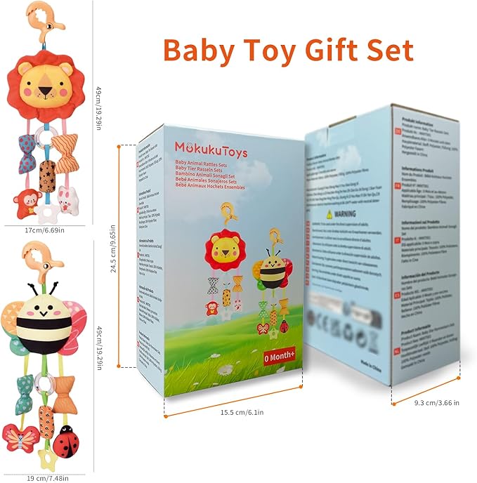 Baby Toys for 0 3 6 9 12 Months, Plush Animal Sensory Hanging Rattle,Newborn Interactive Soft Toys for Baby,Car Seat Stroller Toys Gift for Infant Boy Girl