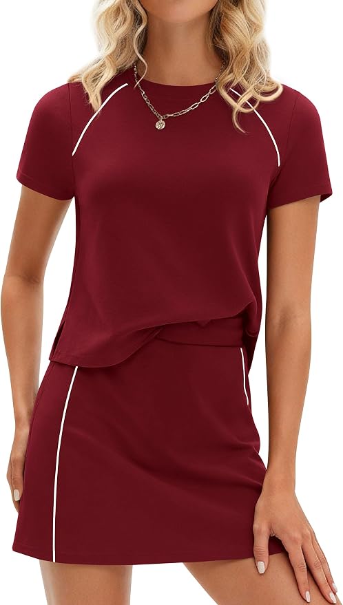 PRETTYGARDEN Women's 2 Piece Skirt Sets Matching Clothing | Short Sleeve Shirts,Color Block Tops,Mini Skirts with Shorts Pockets,Skort Set,Workout Active Wear,Tennis Golf,Summer Outfits
