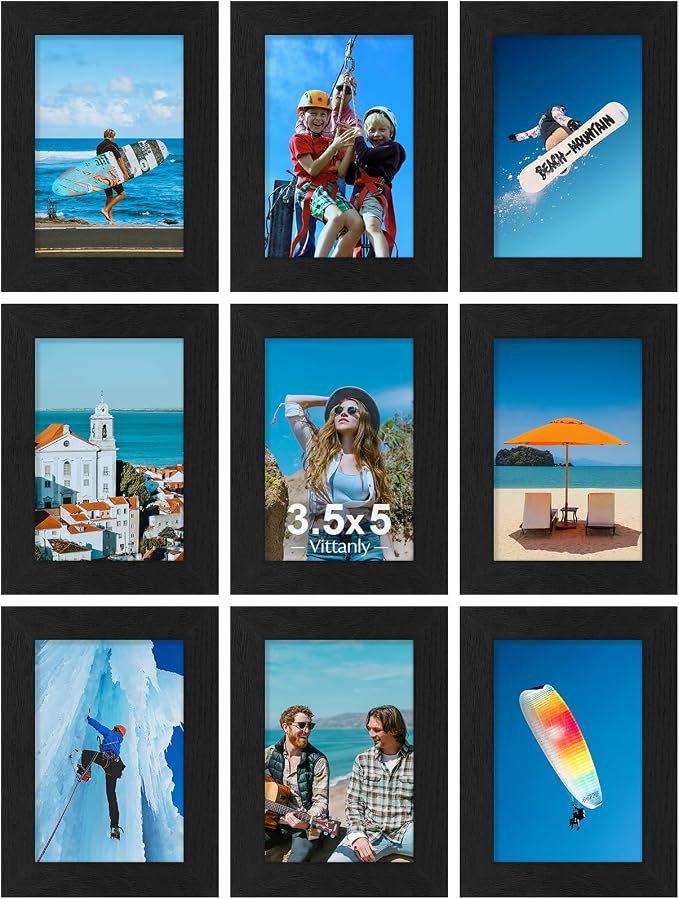 Vittanly 3.5x5 Picture Frames Set of 9 for Wall or Tabletop Display, Black | Display Pictures 3.5x5 without Mat, Small Photo Frames, Engineered Wood with Shatter Resistant Plexiglass