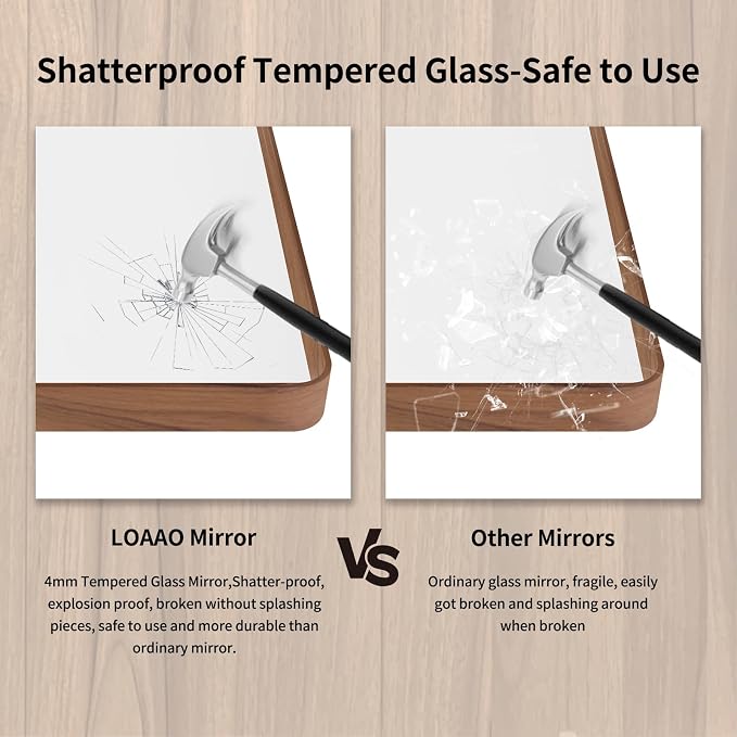 LOAAO 48X32 Inch Bathroom Mirror with Wood Grain Colored Metal Frame | Rounded Rectangle Metal Framed, Anti-Rust, Hangs Horizontally or Vertically, Tempered Glass