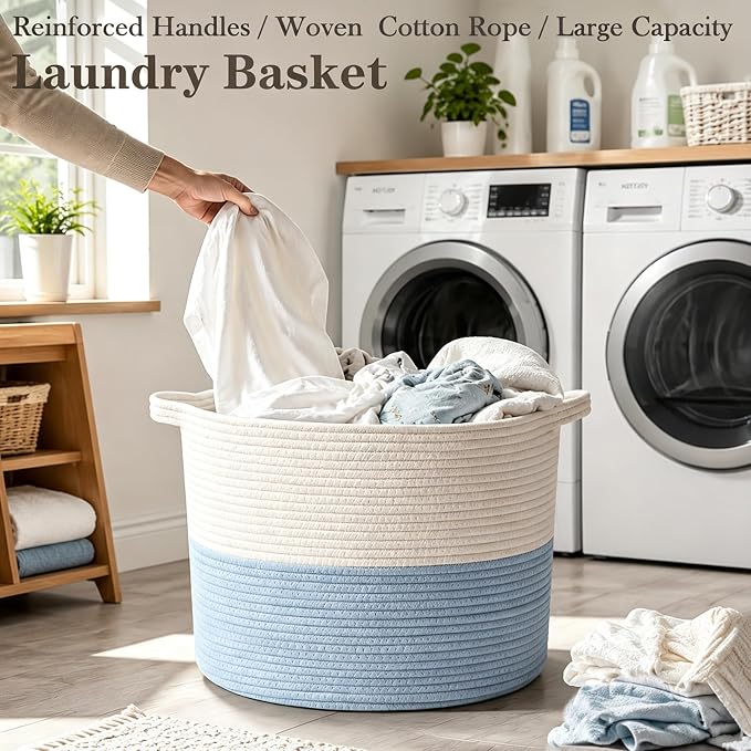 90L Large Blanket Basket,Woven Laundry Basket-White&Blue | Collapsible, reinforced handles, nursery storage bin organizes clothes, toys and pillows for living room, bedroom bathroom