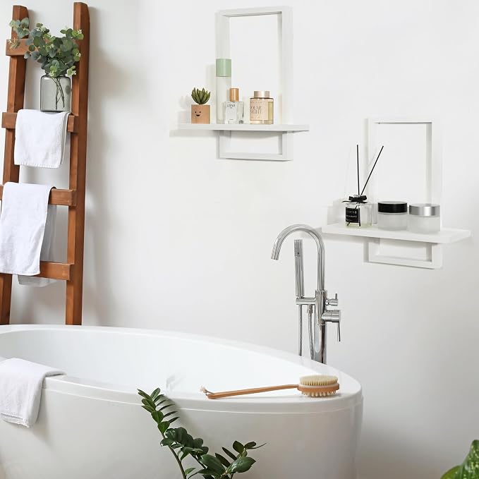 Floating Shelves for Wall,Decorative Wall Shelves,Plants Shelf Framed | Square Wall Decor,Art Sconces Artificial Vases Hanging Storage Shelf for Bathroom Living Room Modern Elegant,Wood,L+S,White