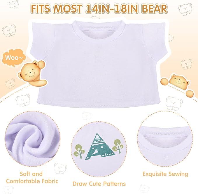 Skylety 12 Pcs DIY Bear Shirts White Plush Bear Clothes Basic Tee Shirt Classic White Toy Clothes Crew Neck Stuffed Animal Fit 14-18 Inches Stuffed Dolls Gifts