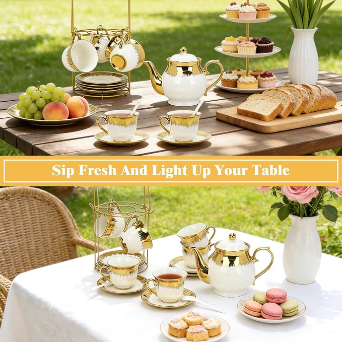 Porcelain Tea Set, Large Ceramic Tea Set for Adults with Metal Holder, 20 Pcs European Tea Cup Set, Luxury Adult Tea Sets Gift, Gold Trim Tea Cup Saucer Sets for Party Deco,1000ML (Gold Trim)