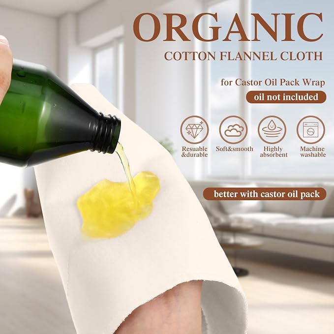 Tingjoo 10 Pcs Organic Cotton Flannel for Castor Oil Pack Wrap Unbleached Reusable Castor Oil Wrap Soothing Heat Compress Soft and Highly Absorbent for Abdomen Liver Joints and Other Areas (White)