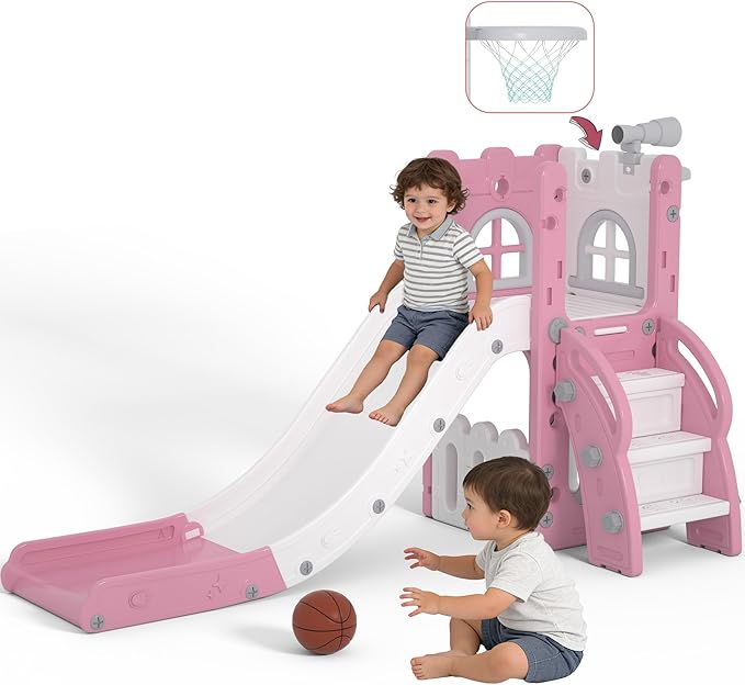 6 in 1 Toddler Slide Playset, Kids Indoor Outdoor Playground with Basketball Hoop,Storage and Telescope,Toddler Climber Slide Activity Center