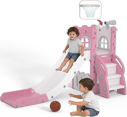 6 in 1 Toddler Slide Playset, Kids Indoor Outdoor Playground with Basketball Hoop,Storage and Telescope,Toddler Climber Slide Activity Center