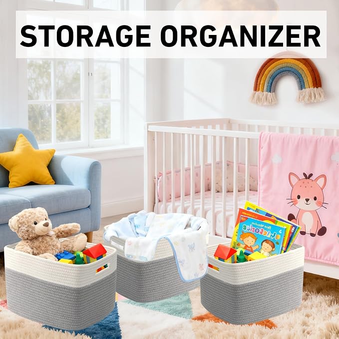 3 Pack Woven Baskets,Storage Baskets for Shelves with Handles | 13.5"×11"×9.5", Closet Baskets, Nursery Organizer for Toys Towels Books, Storage Bin for Living Room Bedroom (White & Grey)