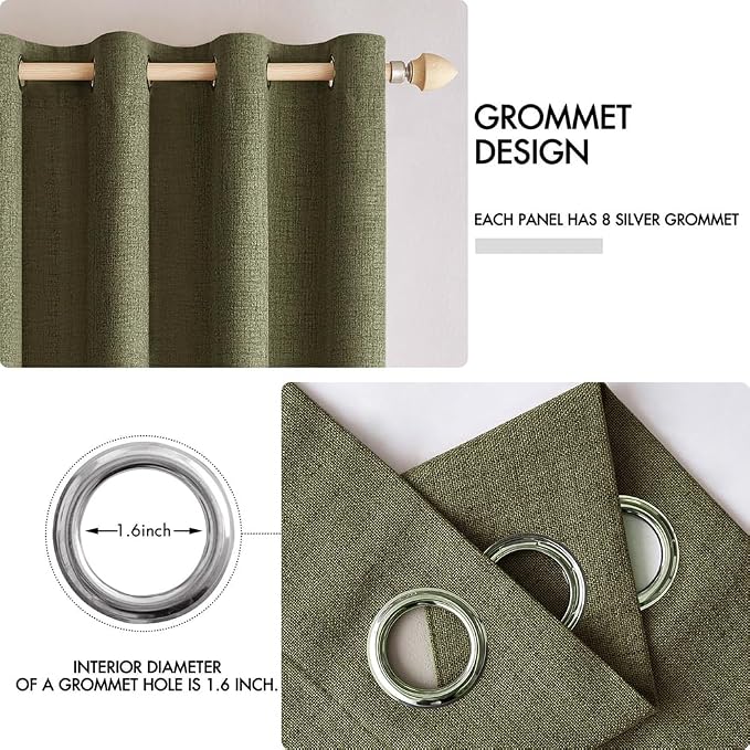 MIULEE Linen Texture Curtains for Bedroom Solid 100% Blackout Thermal Insulated Light Olive Green Curtains Grommet Room Darkening Drapes for Living Room 52x90 Inch (2 Panels)