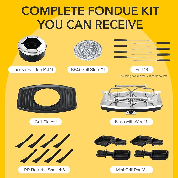 Electric Raclette Grill With Fondue Pot, 1100W Table Grill for 8 Peopl | 3-In-1 Raclette, Fondue And Grill Design, 1100W Heating, 8 Serving Pans, Adjustable Temperature for Indoor Gatherings