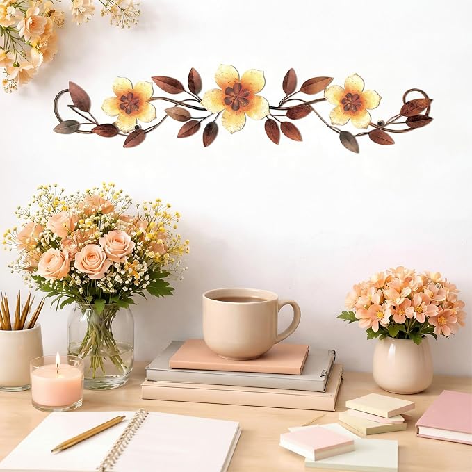 Wesiti Metal Flower Wall Decor Vintage Metal Flower Wrought Iron Scroll Sculpture 15.7''x3.7'' Not 3D, Flat Farmhouse Leaf Wall Decor with Nails for Summer Bedroom Kitchen Indoor Outdoor(Yellow)