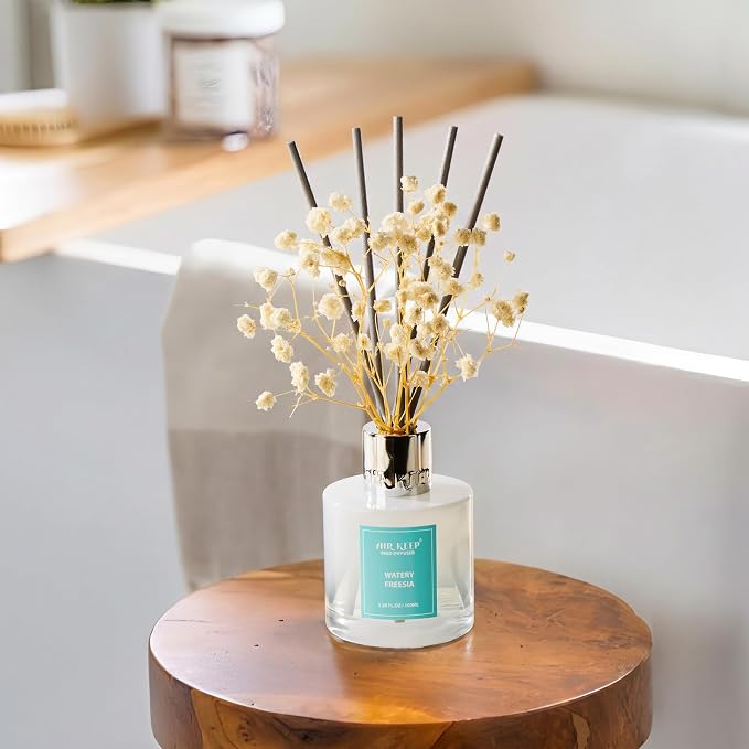 Airkeep Reed Diffuser Set,3.38 fl oz (100 ml) - Watery Freesia Oil Diffusers with 8 Reed Sticks, Home Fragrance Reed Diffuser for Bathroom Shelf Decor