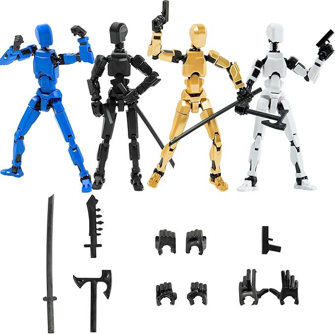 4PCS Assembled Titan T-13 Action Figures Set Lucky Dummy Nova 13 Action Figure Robot Stick Figures Fidget Toys for Boys Multi Movable Joints Gifts Toys for Kids (Golden+White+Blue+Black)