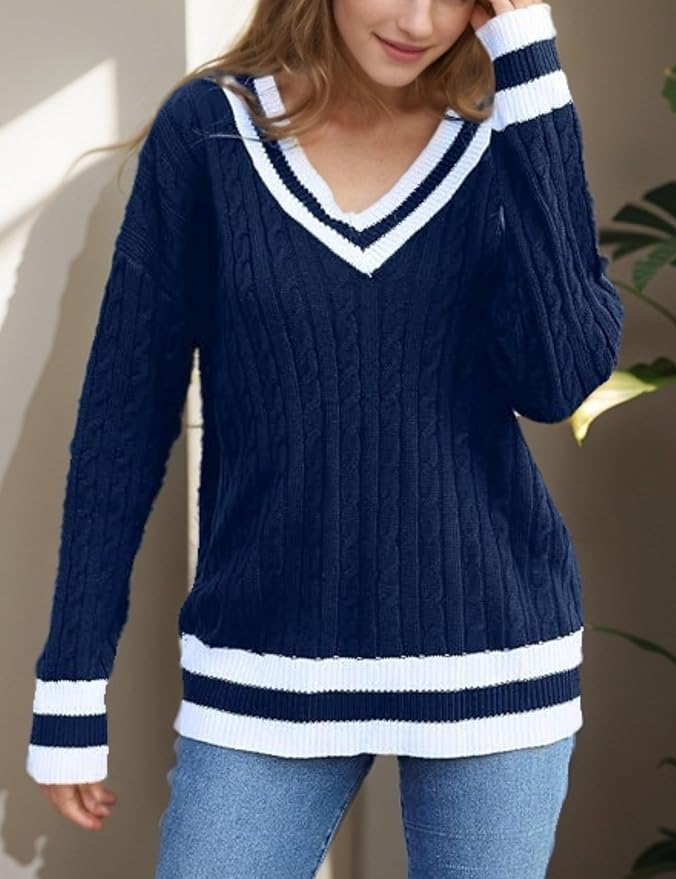 InterNos Women's Casual V Neck Long Sleeve Sweater Trendy Striped Pullover Cable Knit Preppy Sweaters