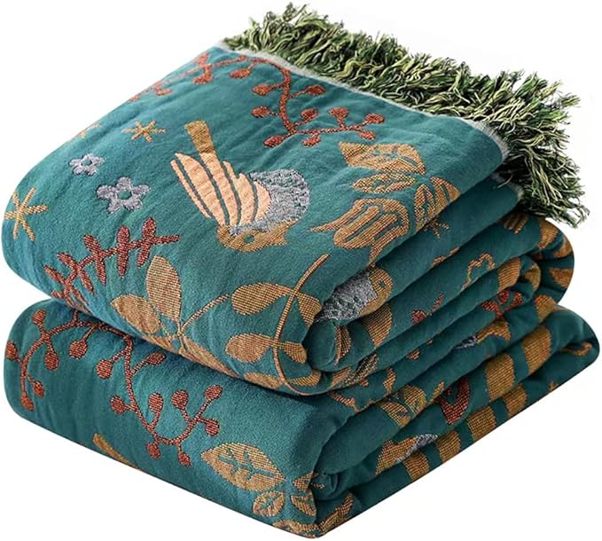 VANJOROY Boho Throw Blanket, 100% Organic Cotton Breathable Ultra Soft 91" x 108" King Bed Quilt Throw - Floral Rustic Bird Farmhouse Decor Luxury Blanket for Sofa Couch Chair and Gift,Teal/Beige