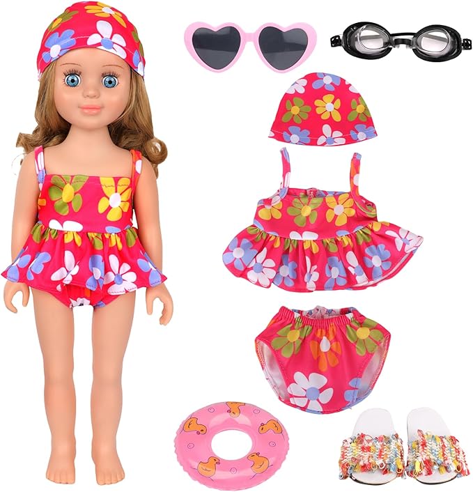 18 Inch Doll Swimsuit Playset, Dorable Doll Summer Dress Playset for 18 Girl Dolls, Includes Doll Bikini Swimsuits, Lovely Sunglasses, Goggles, Sandals and Water Inflatable Ring