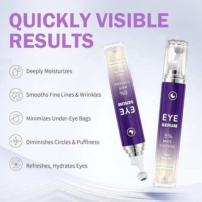 Eye Serum with 5% Mate Caffeine, Under Eye Cream for Puffy Bags Fine Lines Dark Circles Wrinkles, 360° Roller Massage Ball Eyes Treatment Serum Brightens Tired Eyes 5ml 0.5 fl. oz