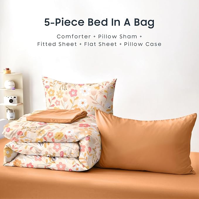 Wake In Cloud - Floral Bedding Set for Girls, Cute Colorful Botanical Flowers Deers Patterned Soft Lightweight Comforter Set with Sheets, 5 Pieces Kids Bed in a Bag, Orange Brown, Twin Size