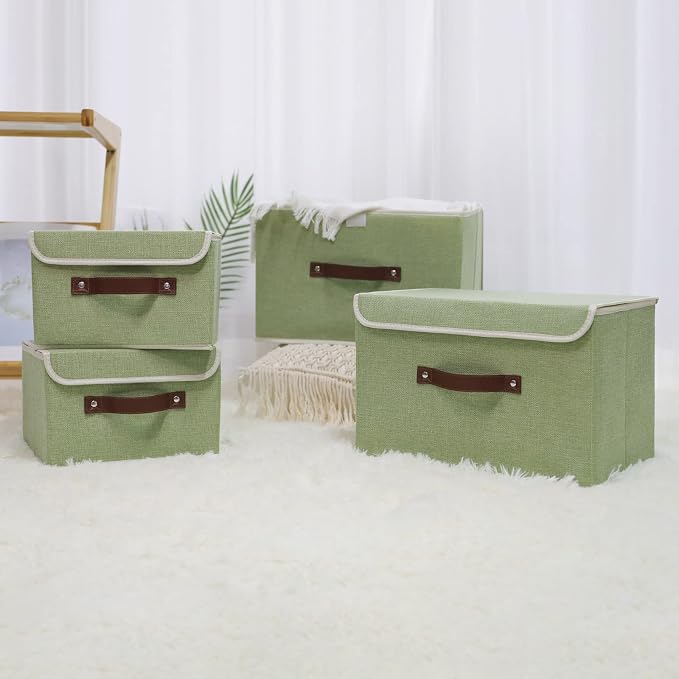 ANMINY Fabric Storage Box Bins with Lids, Green, 15"x10"x10", 2 Pack | Keepsake Memory Storage, Cotton Linen, PP Board Reinforced, Washable, PU Handles, Foldable & Stackable, Decorative, Large