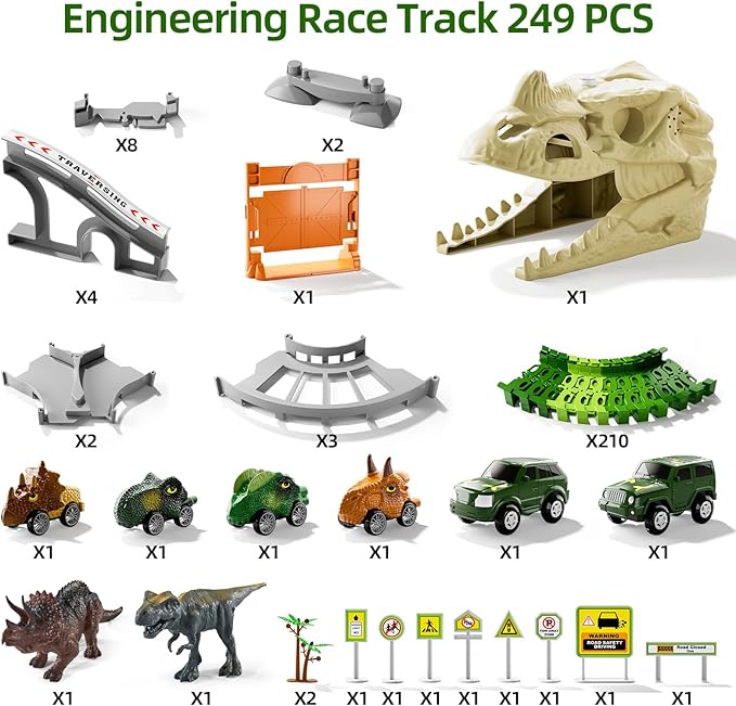 iHaHa 249 PCS Dinosaur Toys Race Car Track, Toys for Kids Toddler Boys Ages 2-4 3-5 4-6, Kids Race Tracks with Light, Sound & Spray, Birthday Dinosaur Gifts for 2 3 4 5 Year Old Boys