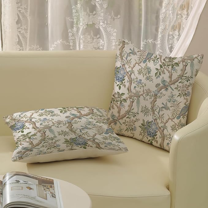 Blue Green Floral Bird Pillow Covers 16x16 Set of 2 Chinoiserie Throw Pillows Green Vintage Flowers Bird Decorative Pillow Cases Outdoor Chinoiserie Decor Farmhouse Cushion Case for Couch Sofa