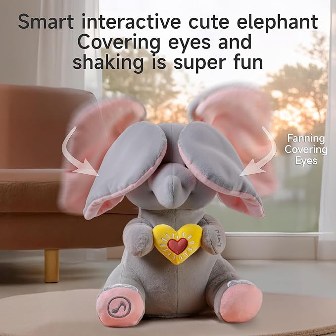 Peek a Boo Elephant Toy, Interactive Singing Plush Elephant Toy with Flapping Ears and Hearts, Musical Stuffed Animal for Babies and Toddlers
