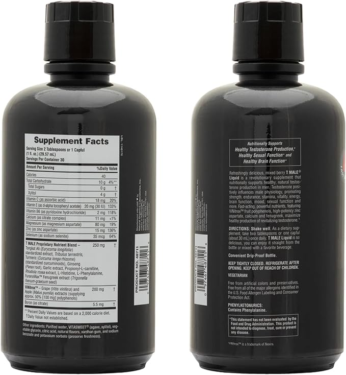 NaturesPlus T Male Liquid - 30 fl oz - Mixed Berry Flavor - Promotes Muscle Gain & Stamina - Vegetarian, Gluten Free - 30 Servings