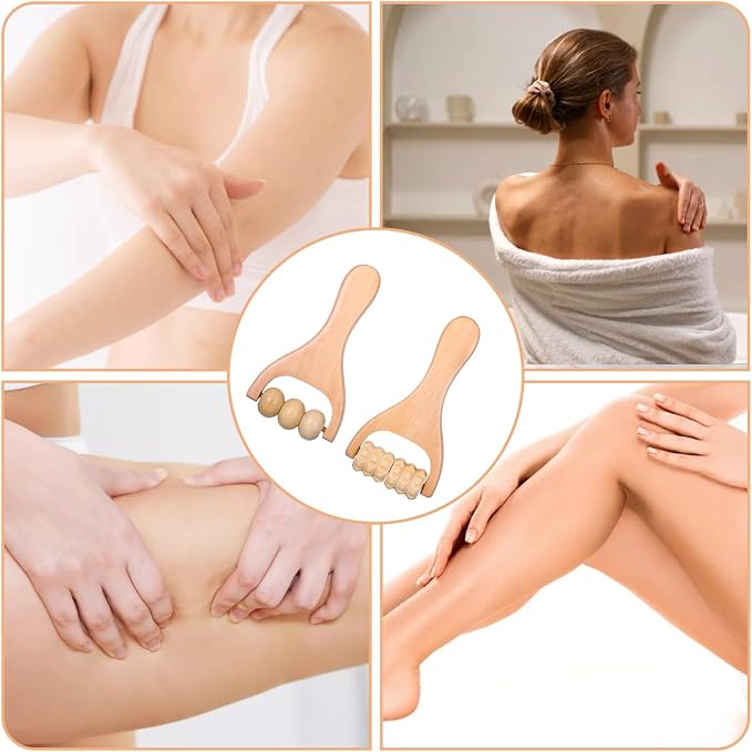 Telooco 2Pcs Wooden Massage Roller, Handheld Wood Massage Tools - Wood Roller for Back Leg Foot Muscle Relief